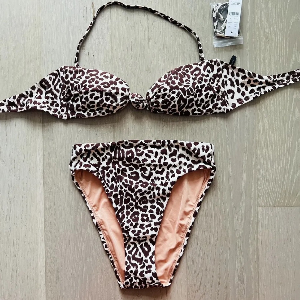 JCrew Knot Bandeau Bikini Top Small High Rise Bottom Leopard XS NWT - Picture 3 of 4
